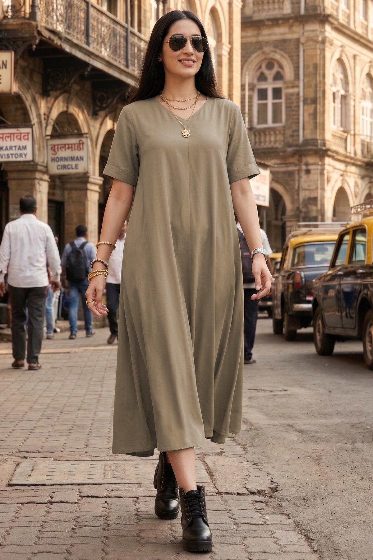 Warm Grey Cotton Flared Dress
