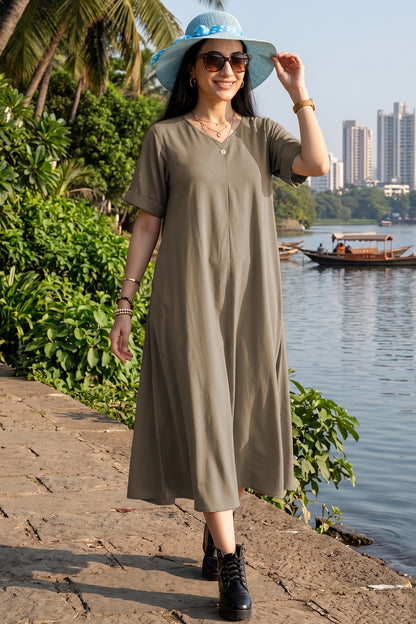 Warm Grey Cotton Flared Dress