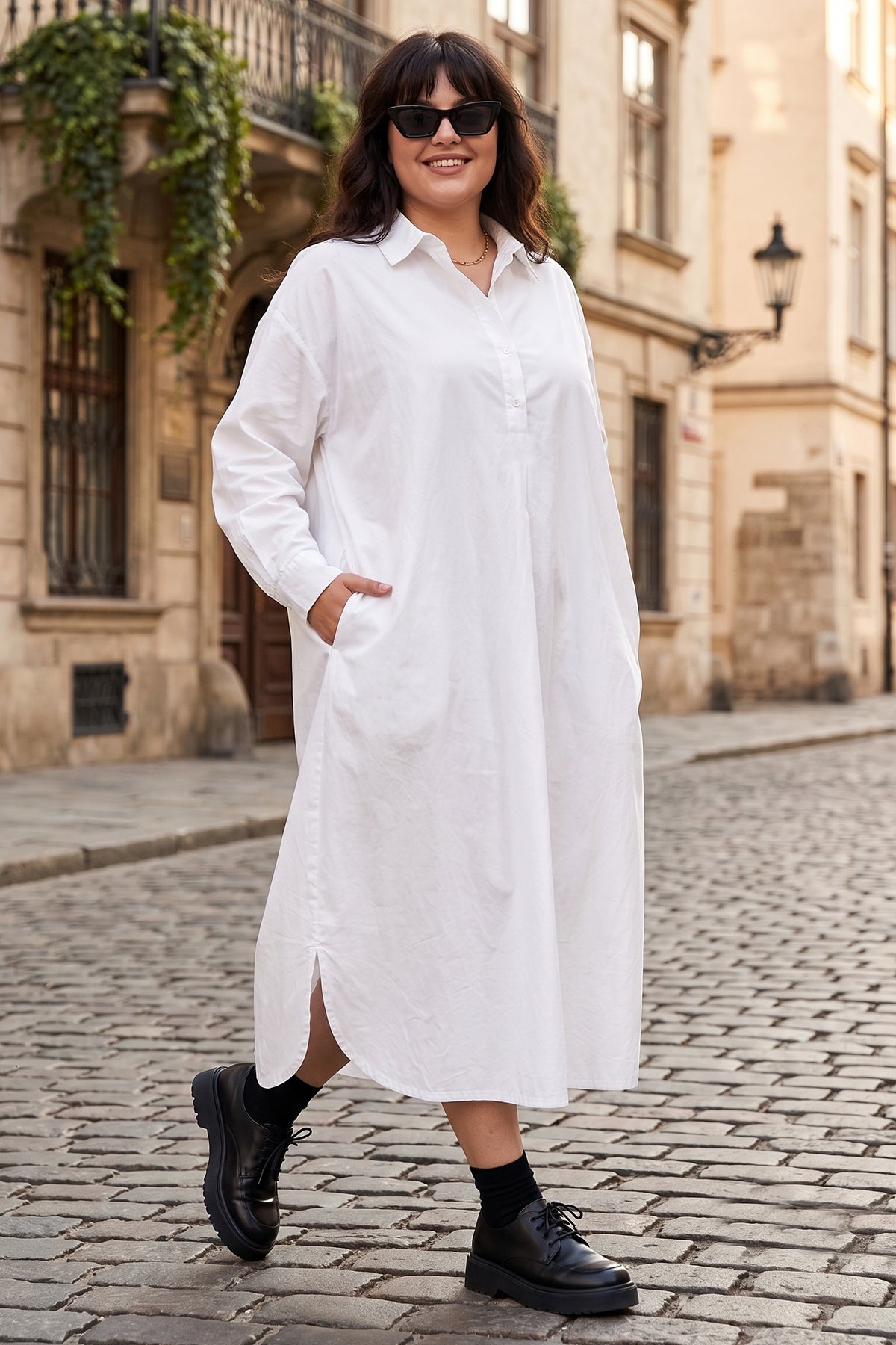 White Cotton Collar Midi Dress