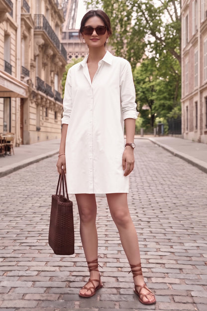 White Cotton Mini Shirt Dress