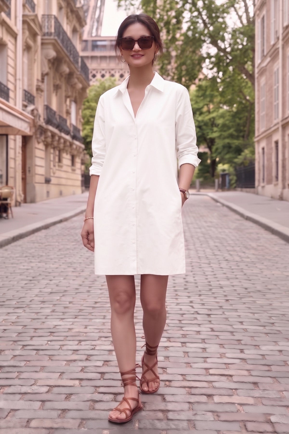 White Cotton Mini Shirt Dress