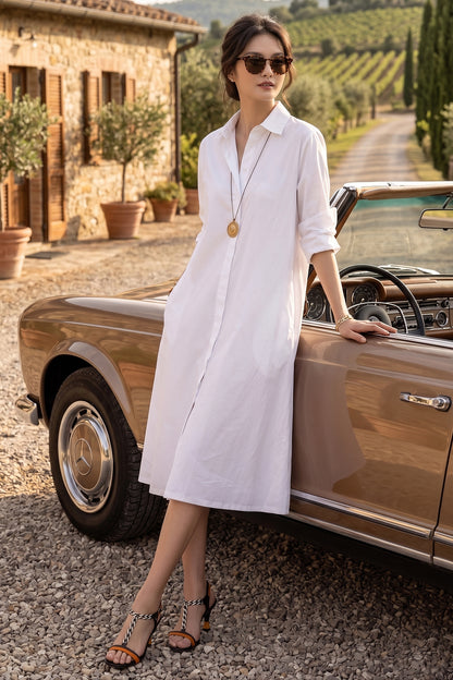 White Knee Length Shirt Dress
