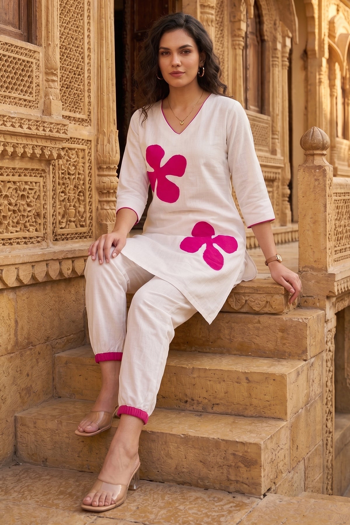 White Silk Patchwork Kurta Set