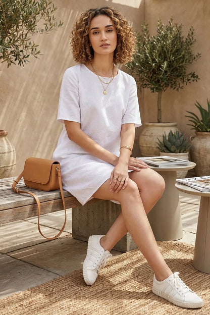 White Cotton Linen Loose Dress SNEHA B