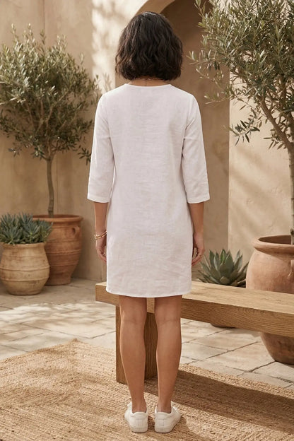 White Cotton Linen Mini Dress SNEHA B