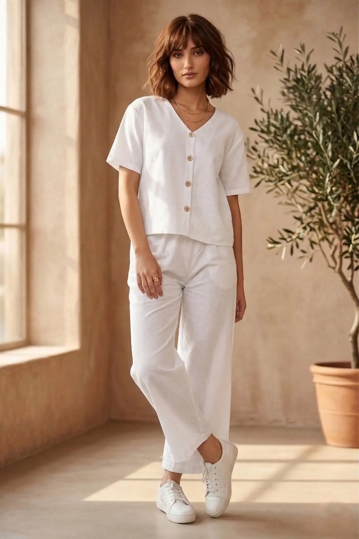 White Cotton Linen Button Top SNEHA B