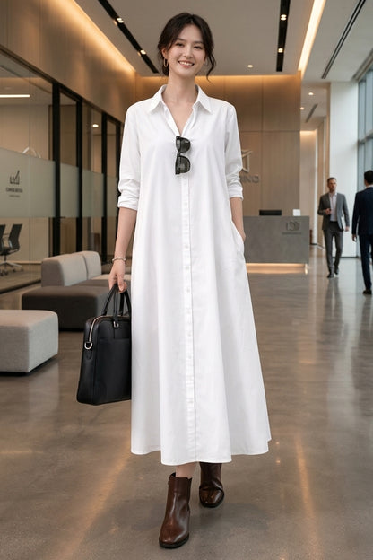 White Cotton Maxi Shirt Dress