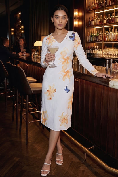 White Floral Print A-Line Dress