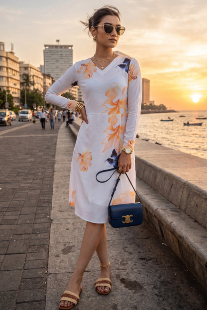 White Floral Print A-Line Dress