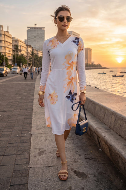 White Floral Print A-Line Dress