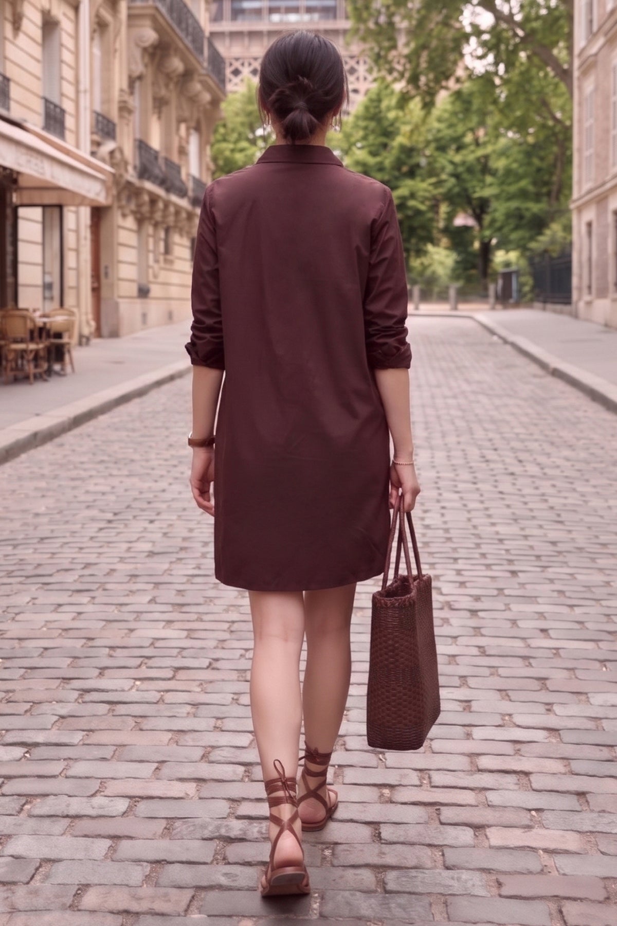 Wine Cotton Mini Shirt Dress