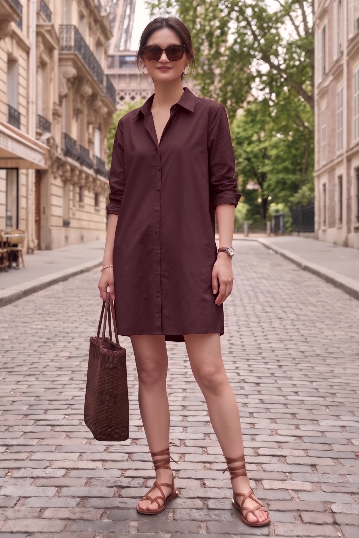 Wine Cotton Mini Shirt Dress