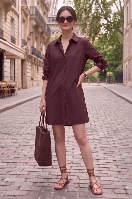 Wine Cotton Mini Shirt Dress
