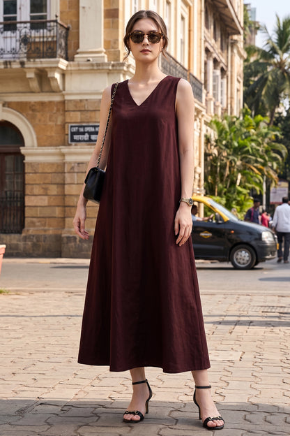 Wine A-Line Cotton Maxi Dress