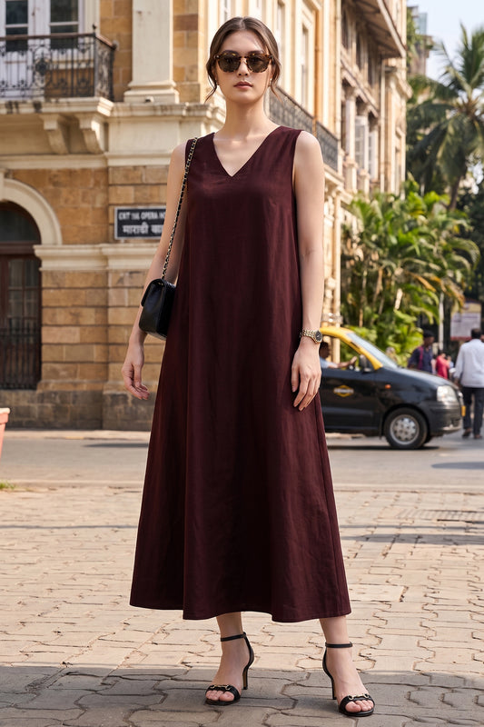 Wine A-Line Cotton Maxi Dress