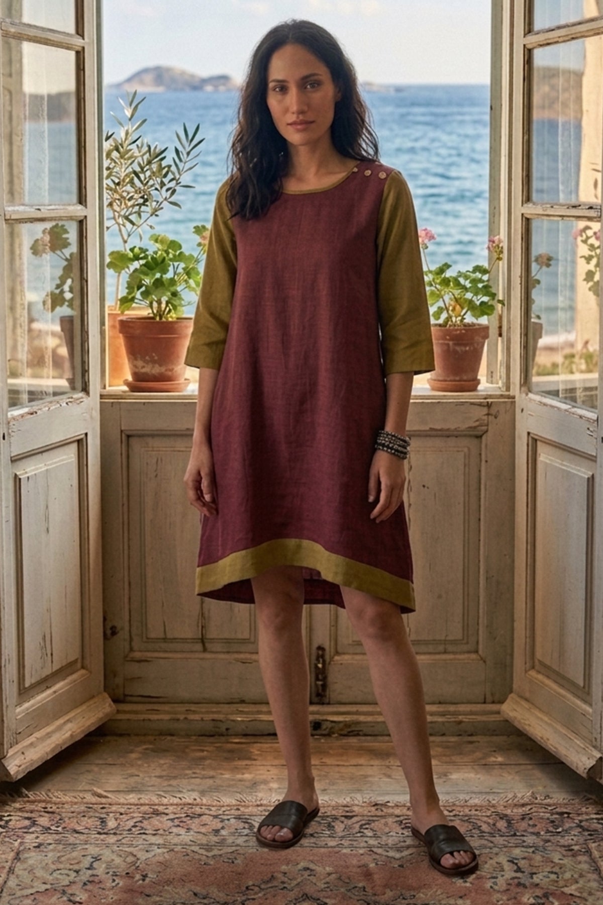 Wine And Lime Colorblock Dress