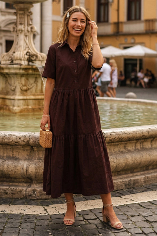 Wine Button Tiered Midi Dress