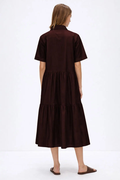 Wine Button Tiered Midi Dress SNEHA B