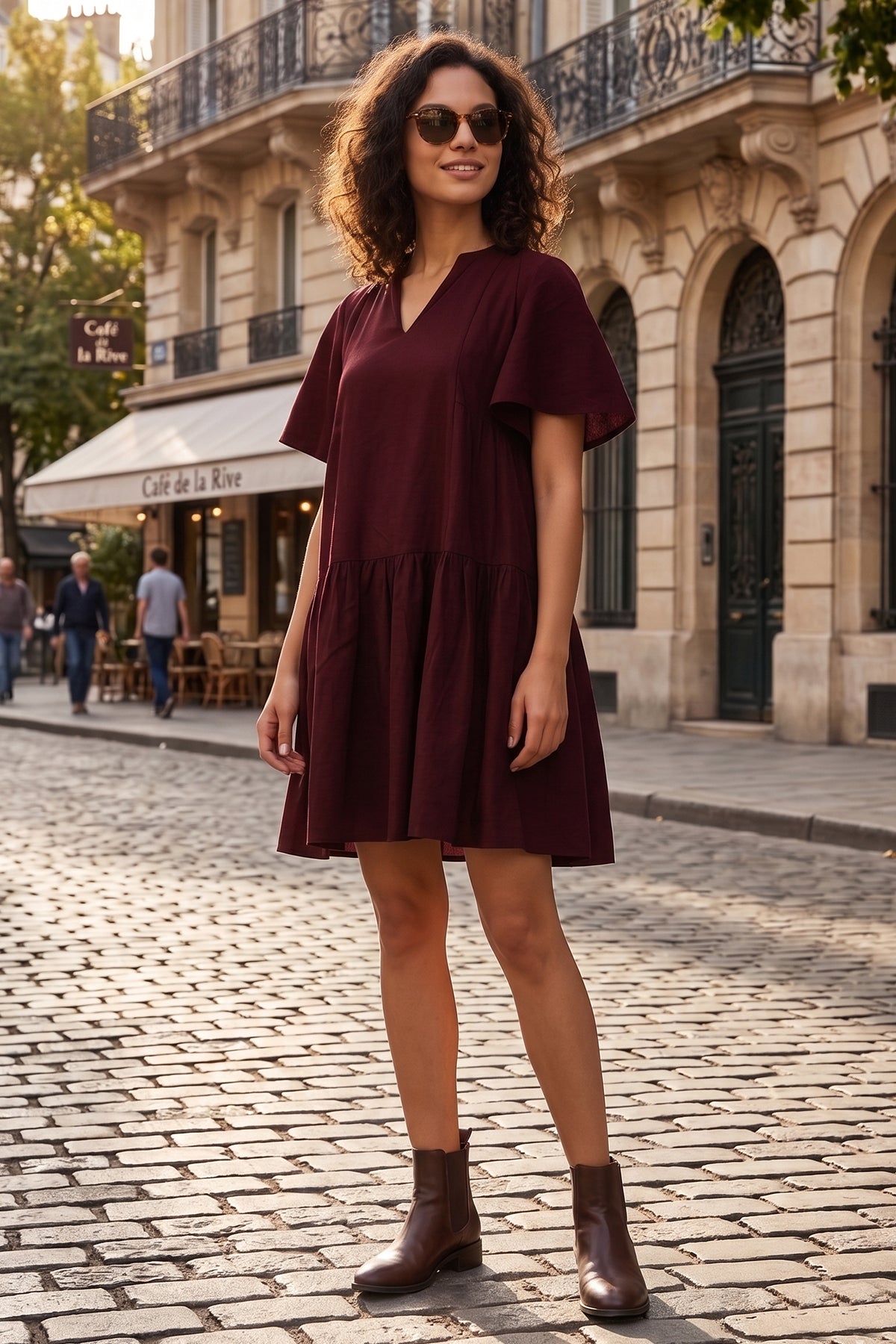 Wine Cotton Linen Flare Dress