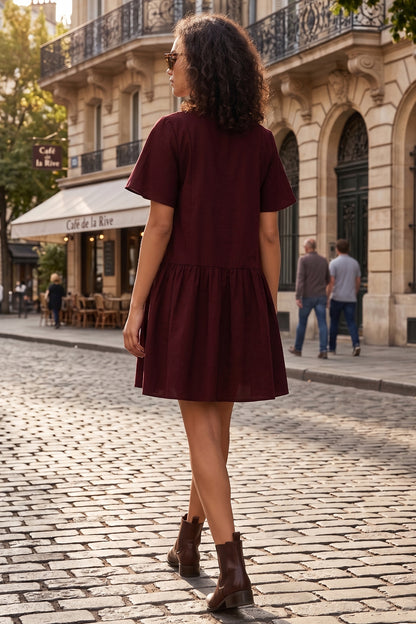 Wine Cotton Linen Flare Dress