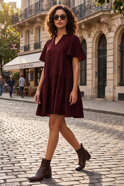 Wine Cotton Linen Flare Dress
