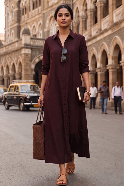 Wine Cotton Maxi Shirt Dress