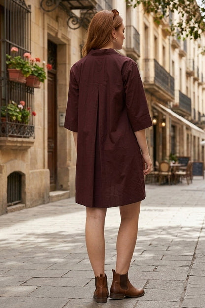 Wine Cotton Poplin Flare Dress