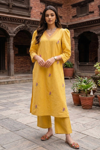 Yellow Embroidered Kurta & Pant