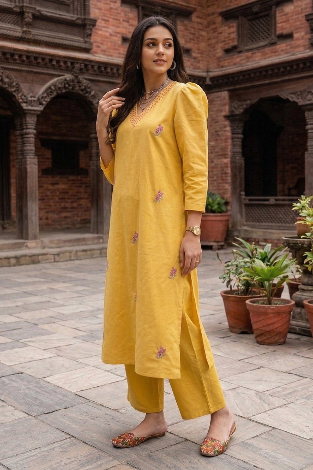 Yellow Embroidered Kurta & Pant