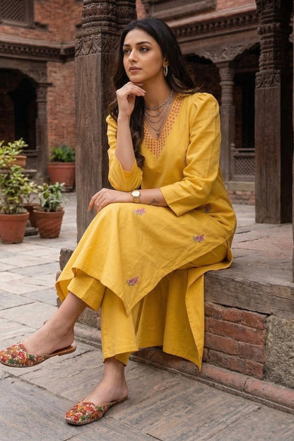 Yellow Embroidered Kurta & Pant